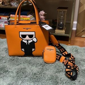 Karl Lagerfeld Orange Tote with Cartoon Design